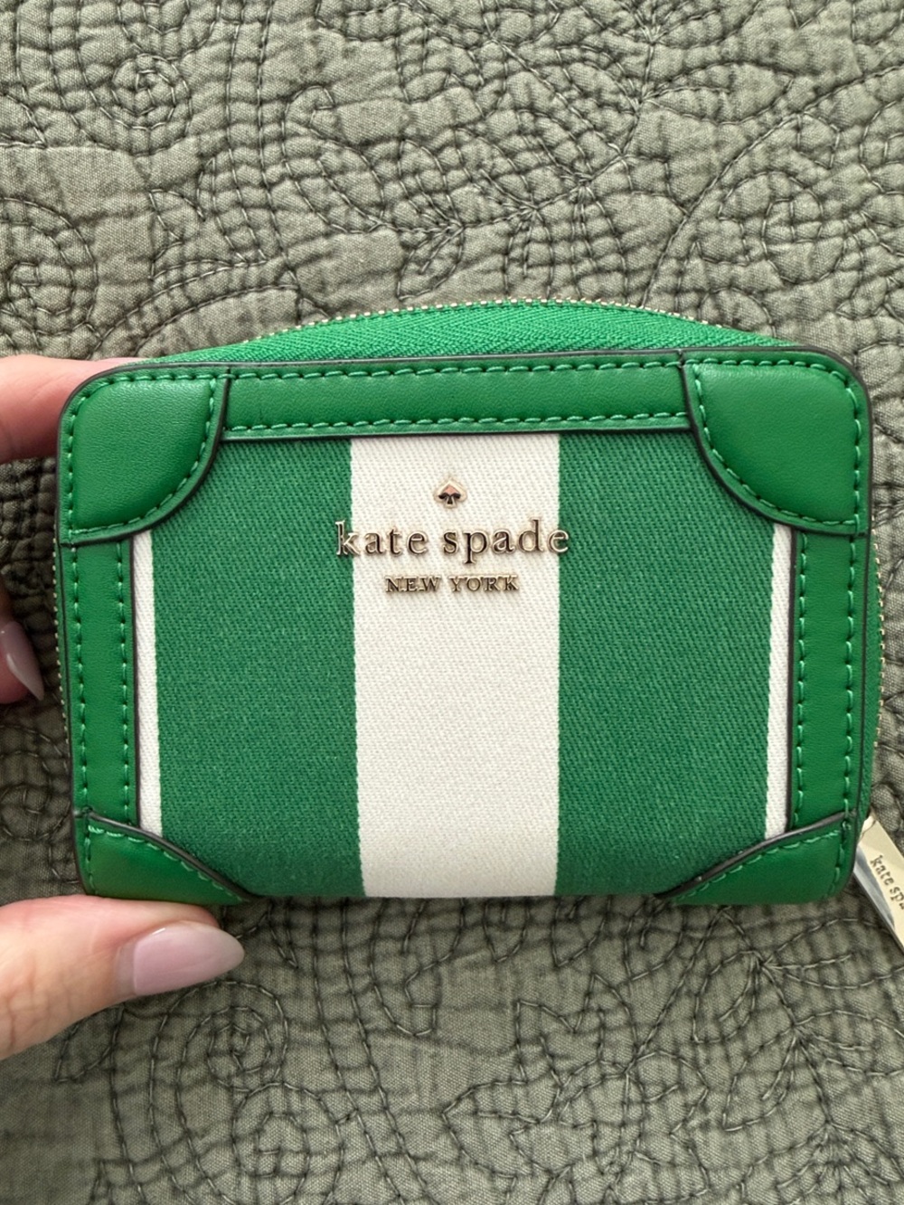 kate spade Green and White Striped Zip Card Wallet